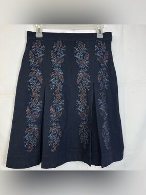 Contemporaine Navy Embroidered Wool Blend Pleated A-Line Midi Skirt Size P/S